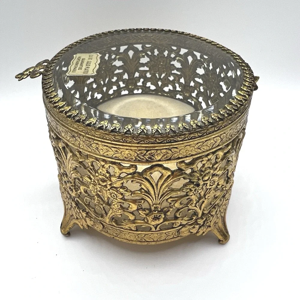 Vintage 24kt Gold Plated Filigree Ormolu Oval Jewelry Casket Box Glass Lid Clean